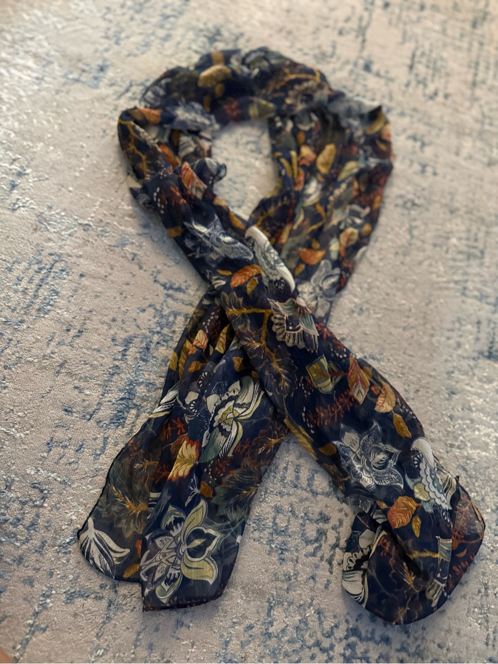 Christopher & Banks Navy Floral Chiffon Scarf - Mustard & White Accents